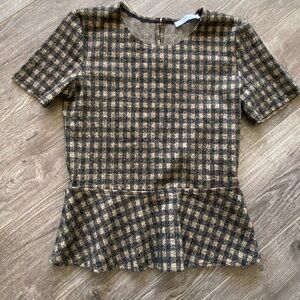 Zara peplum T-shirt blouse| tan and black plaid with gold keyhole button on back